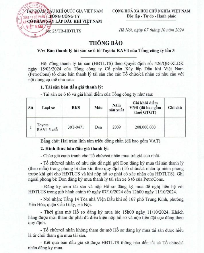   Tổng công ty thông báo về việc bán thanh lý tài sản xe ô tô Toyota RAV4 của Tổng công ty - Lần 3